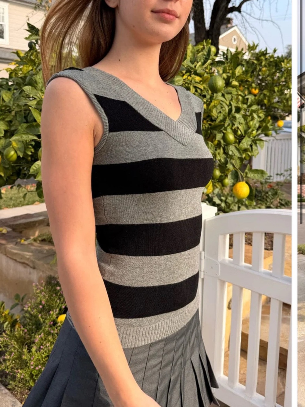 Brandy Melville Amira Top- Gray & Black Striped V‑Neck Knit Tank - Picture 2 of 5